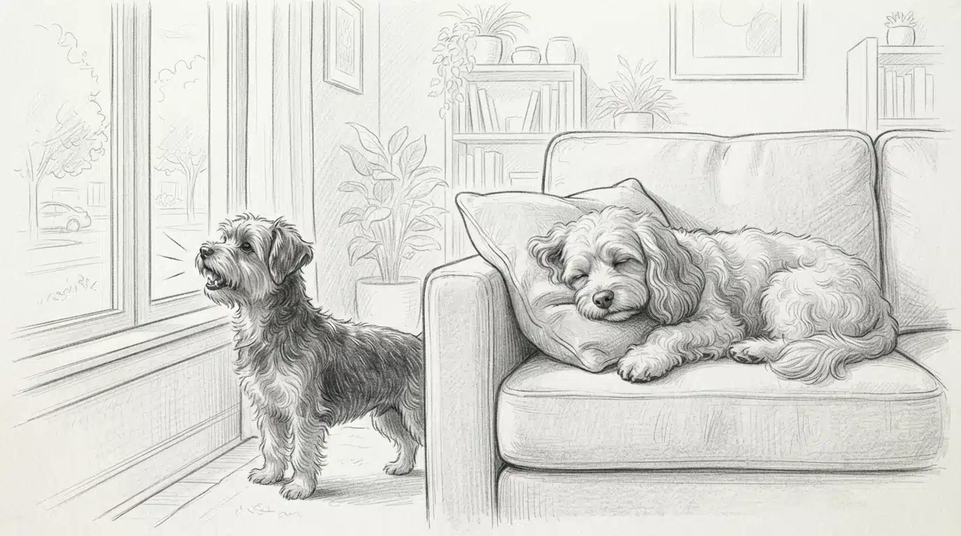 Barking Yorkiepoo at window, calm Cavapoo on sofa