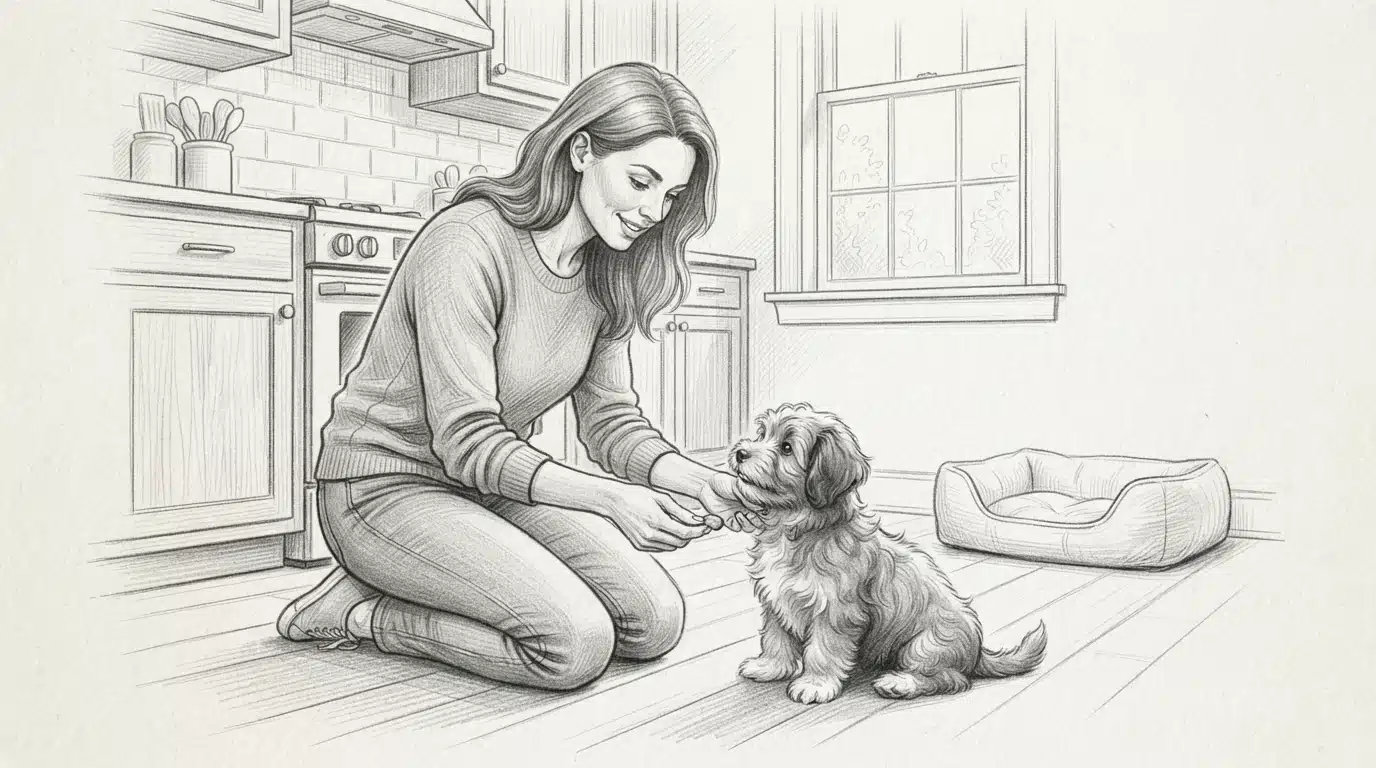Breeder kneeling with a Havanese puppy in a kitchen