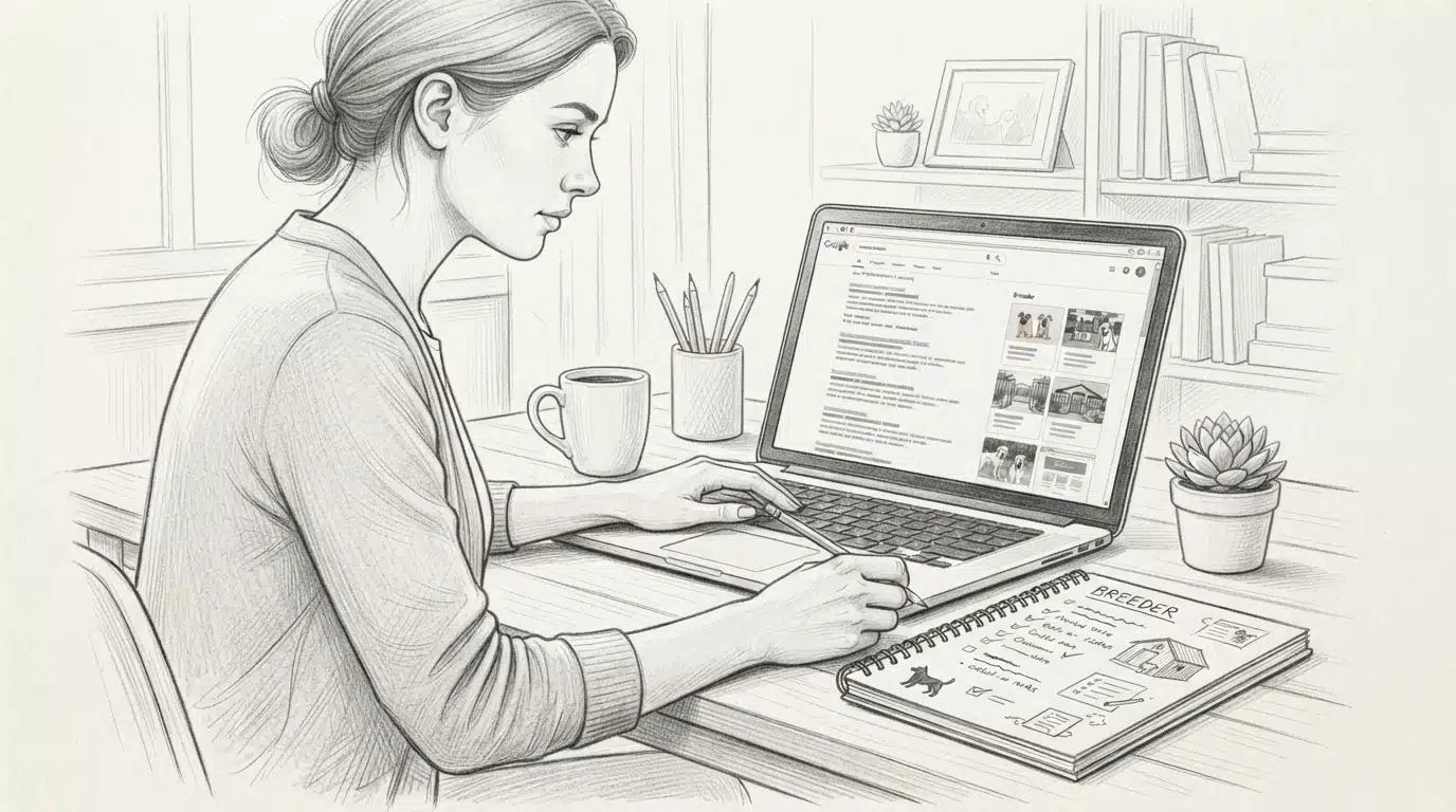 Person researching a breeder's contact on a laptop