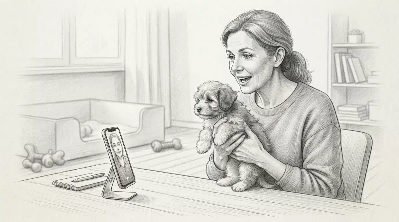 Breeder showing a Havanese puppy on a video call