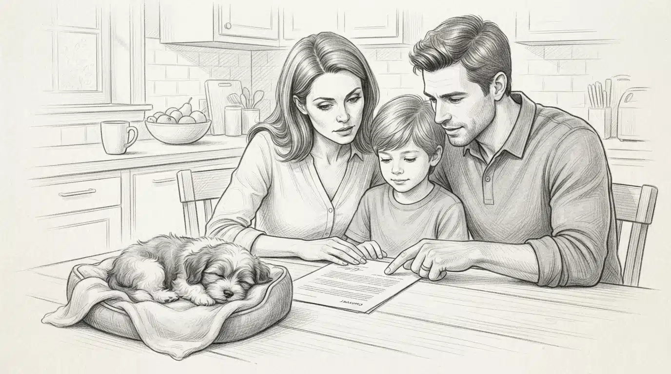 Family reviewing a puppy contract at a kitchen table