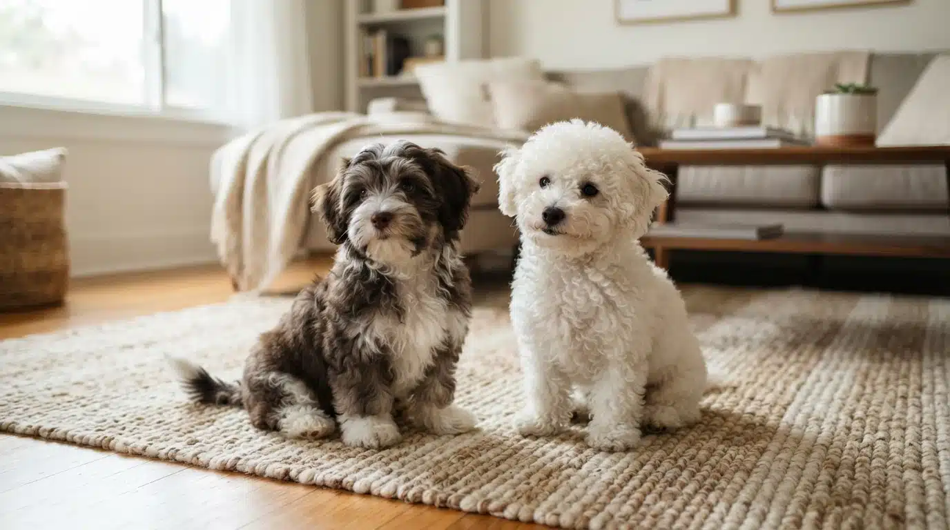 Havanese and Bichon Frise puppies on a rug