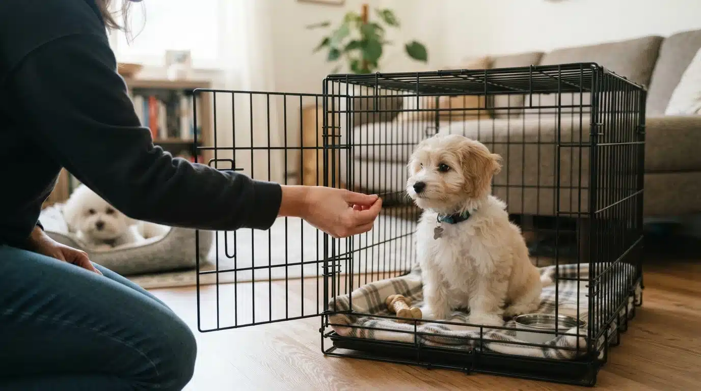 Havanese puppy resting in training crate