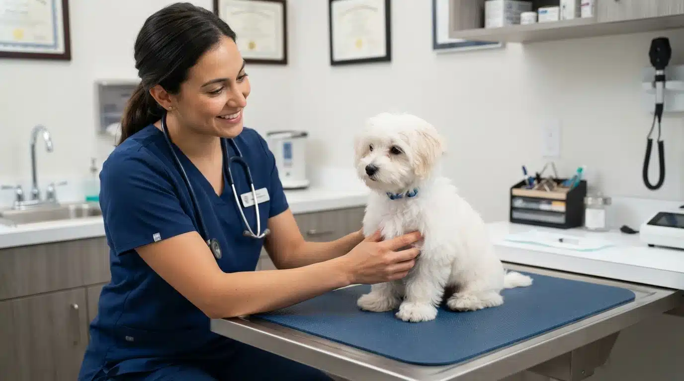 Veterinarian examining a fluffy puppy's knees