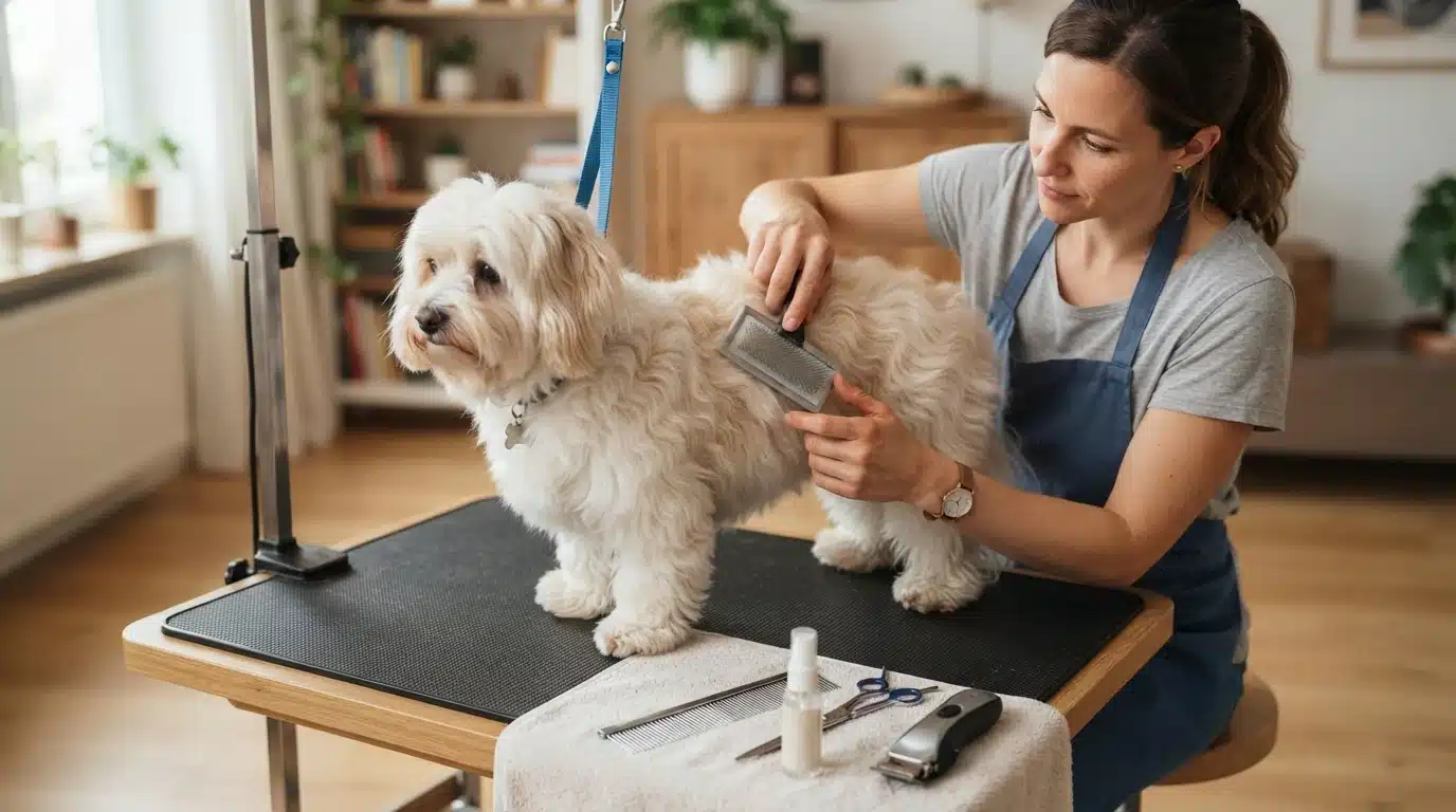Person grooming a fluffy small dog on a table