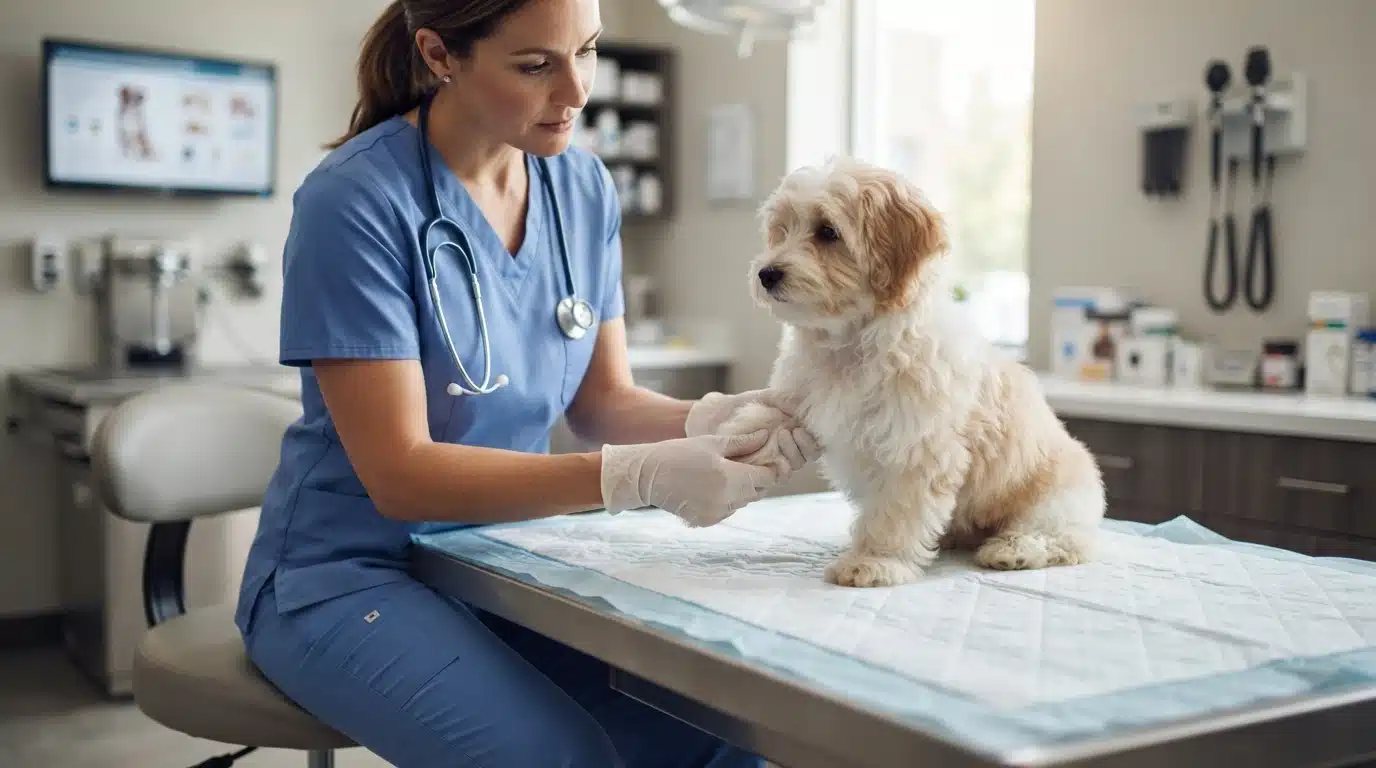 Veterinarian checking a fluffy Havanese puppy's knees