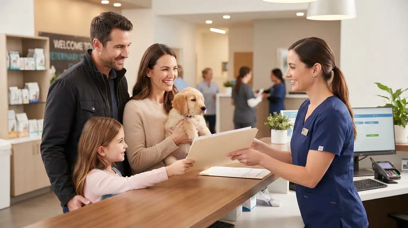 Family holding puppy records at veterinary clinic
