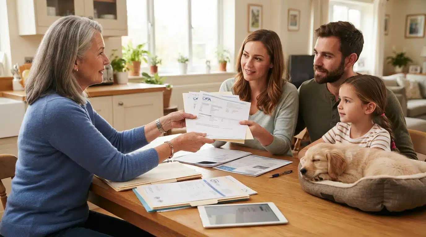 Breeder handing health certificates to a family