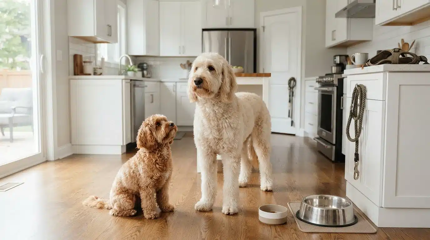 Adult Cavapoo and Goldendoodle in a kitchen