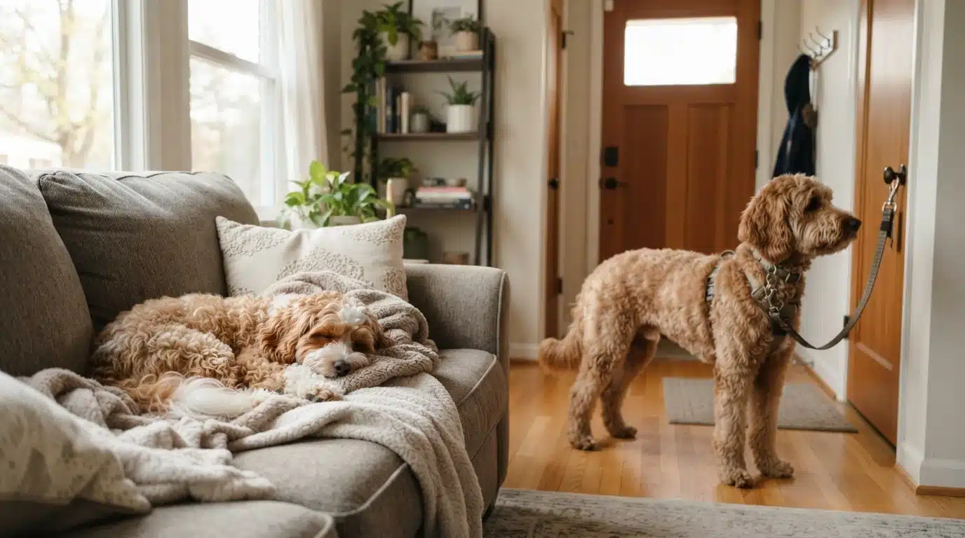 Cavapoo resting on couch, Goldendoodle waiting at door