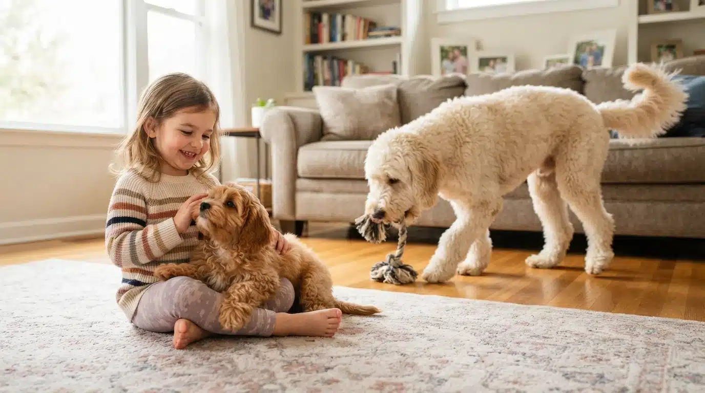 Child petting Cavapoo with Goldendoodle nearby