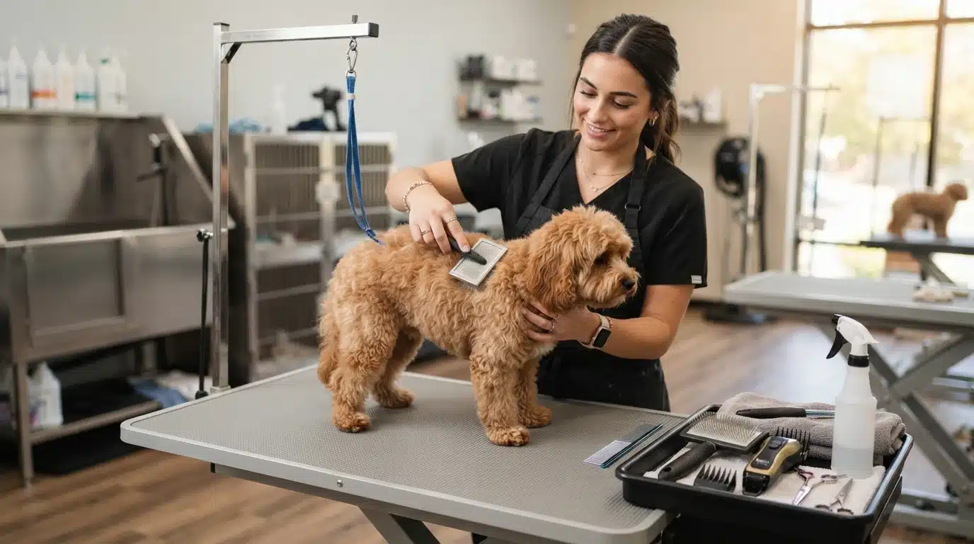 Groomer brushing a small Cavapoo on a table