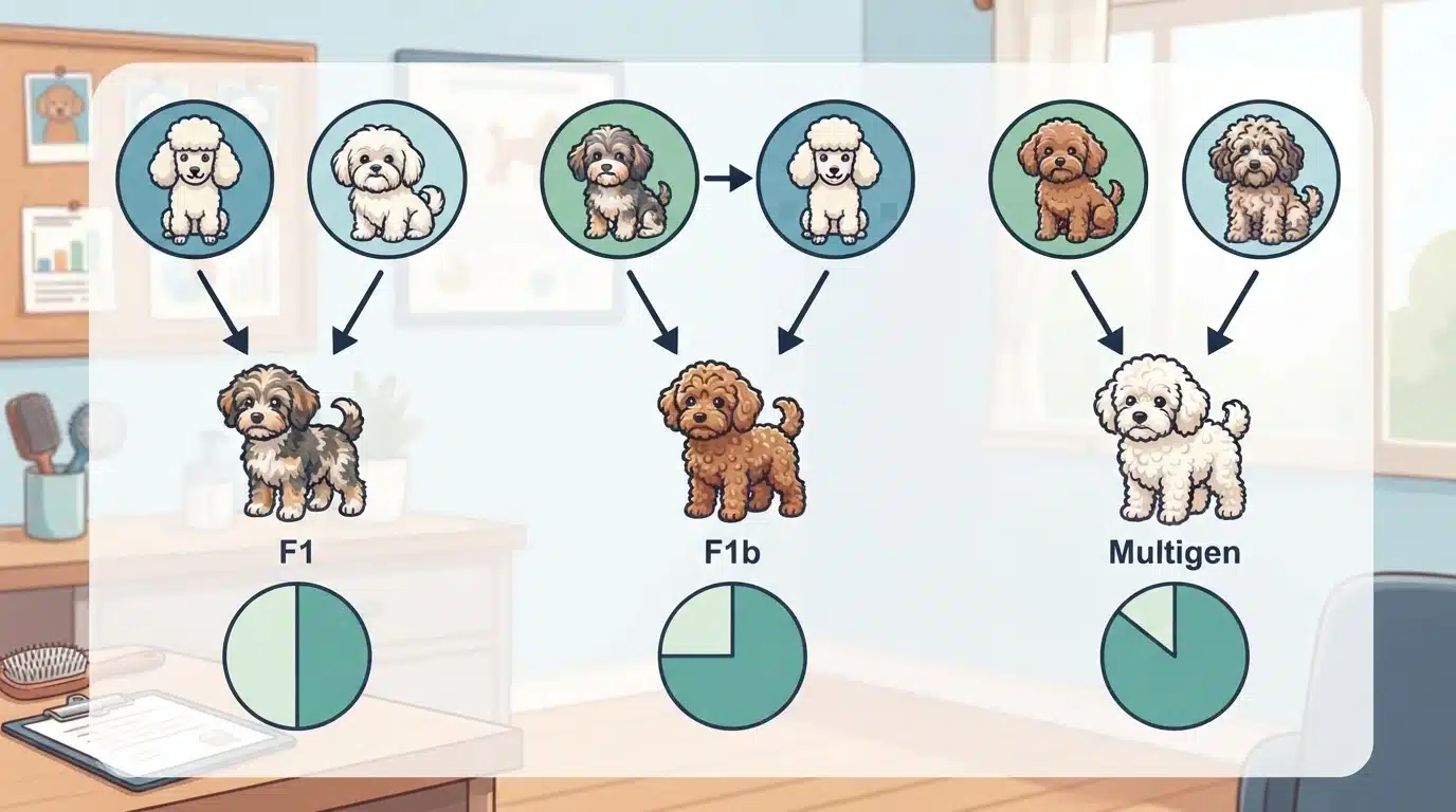Three generations of fluffy doodle puppies