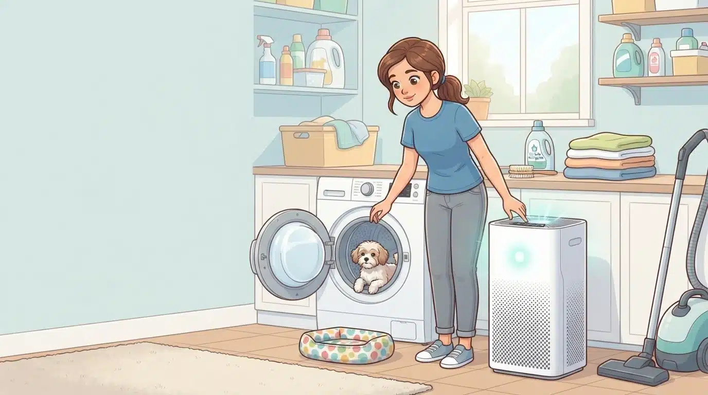 Owner running HEPA purifier in laundry room