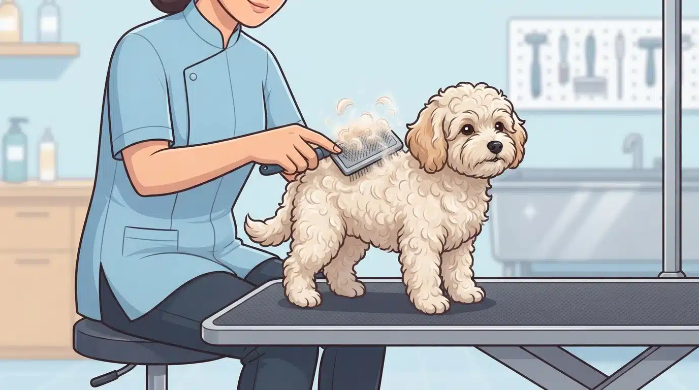 Person brushing a curly cream puppy on a grooming table