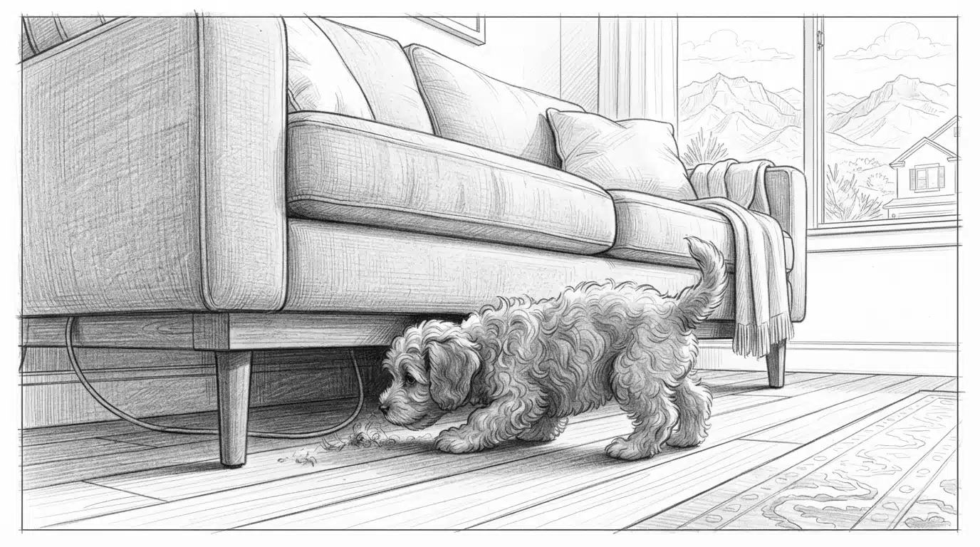Puppy sniffing beneath a living room couch