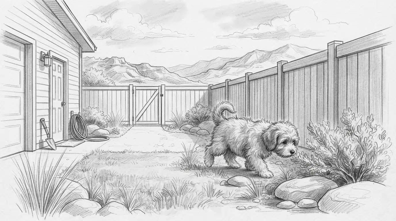 Fluffy puppy exploring a fenced Utah backyard