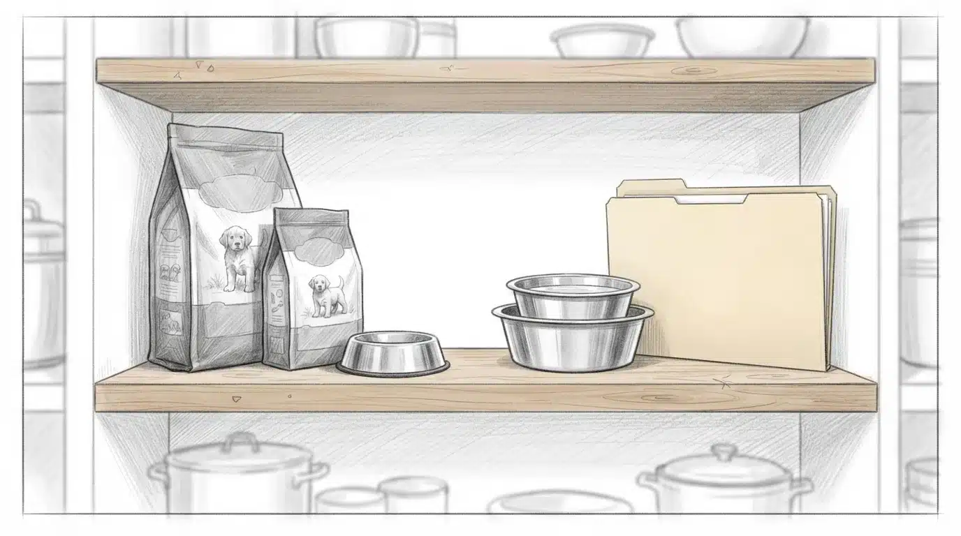 Pantry shelf with puppy food and bowls