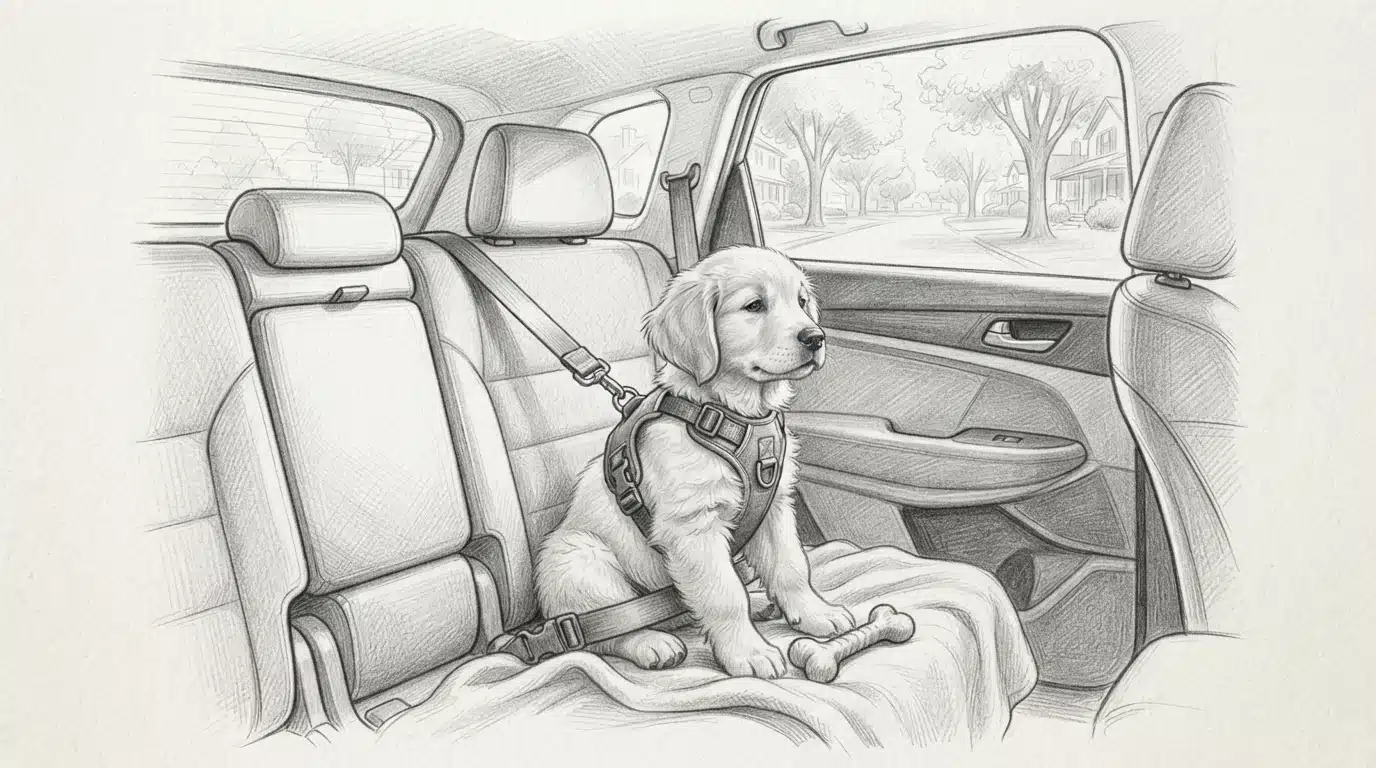 Fluffy puppy secured in crate harness