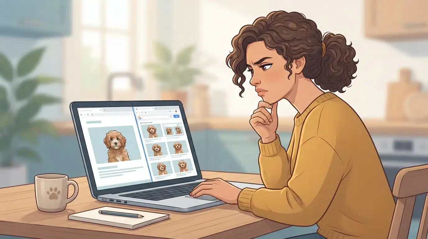 Person doing reverse image search of a puppy on a laptop