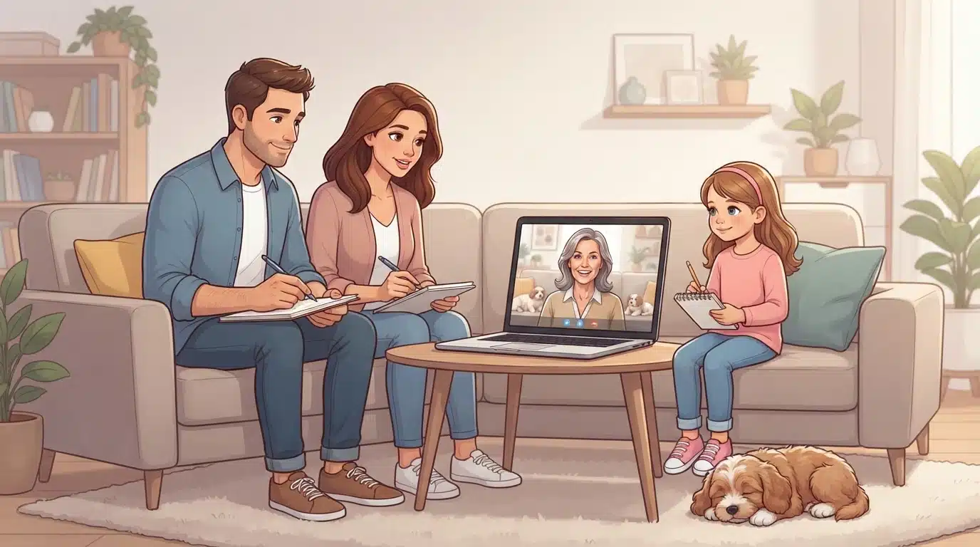 Family taking notes during a video call with a breeder