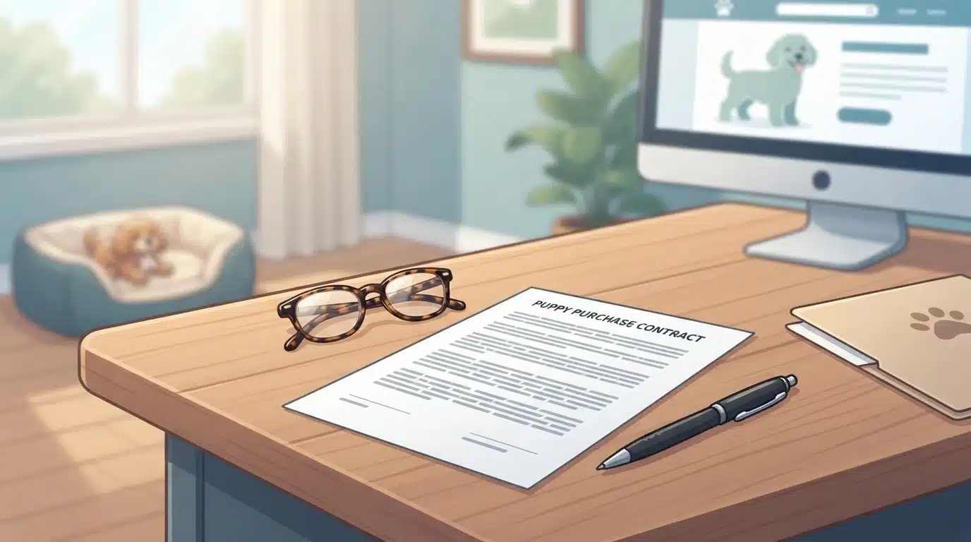 Puppy contract and pen on wooden table