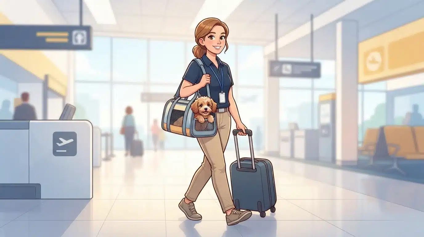 Flight nanny carries Cavapoo through terminal