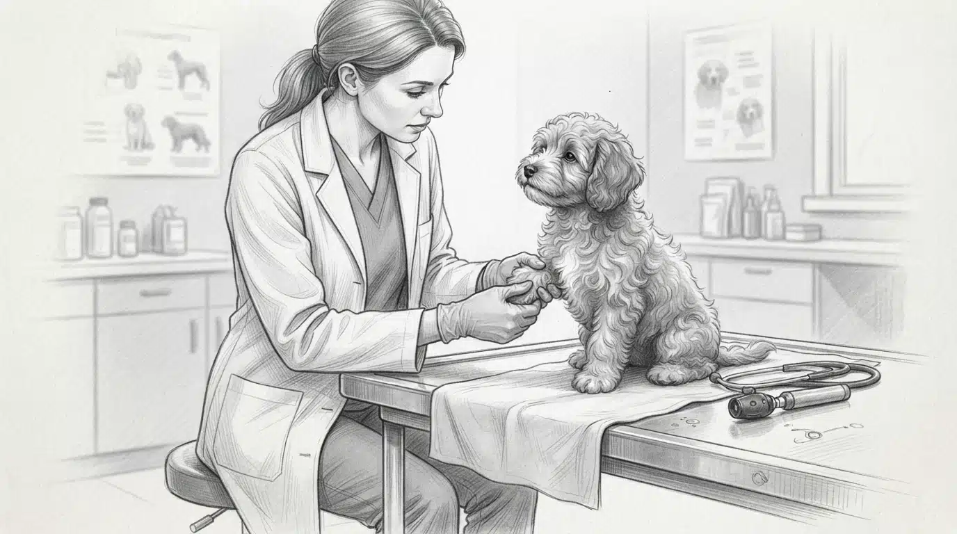 Veterinarian examining a fluffy puppy's knee