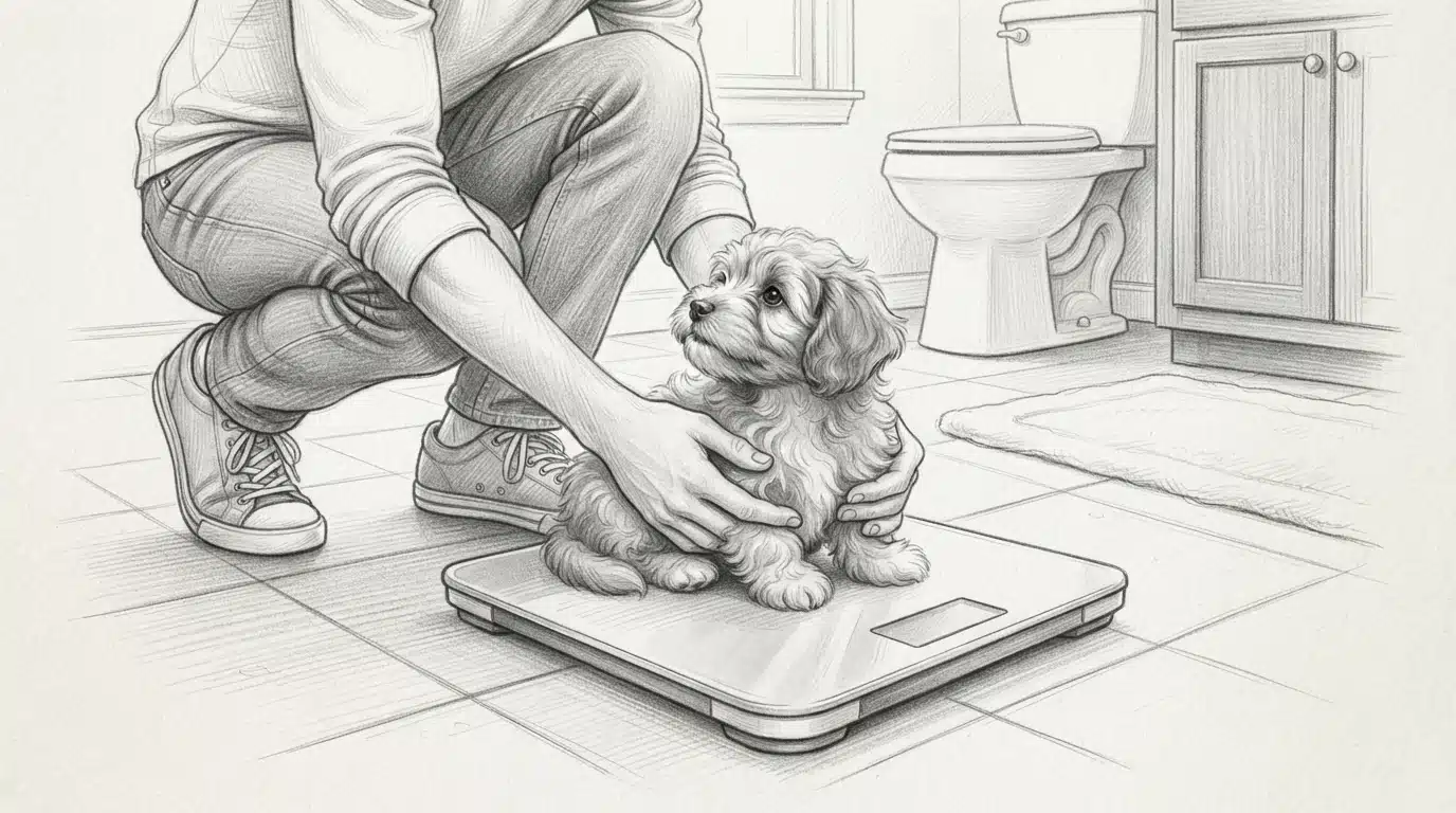 Person weighing a fluffy puppy on a bathroom scale