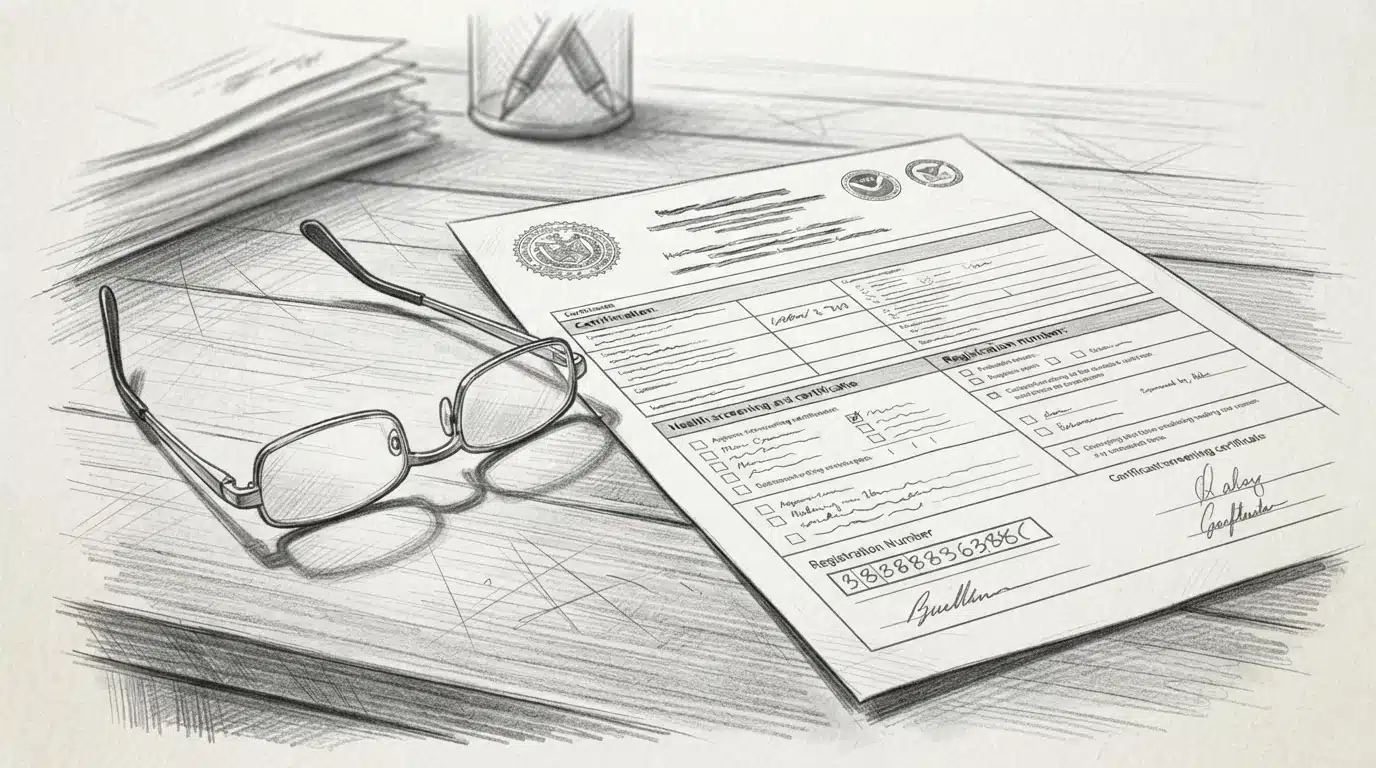 OFA certificate and reading glasses on a wooden desk