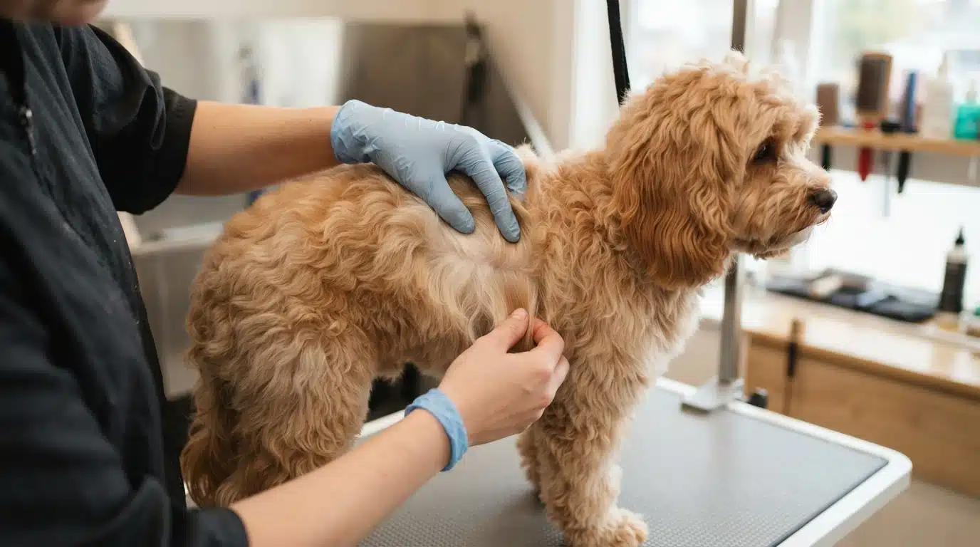 Hands parting wavy apricot cavapoo fur