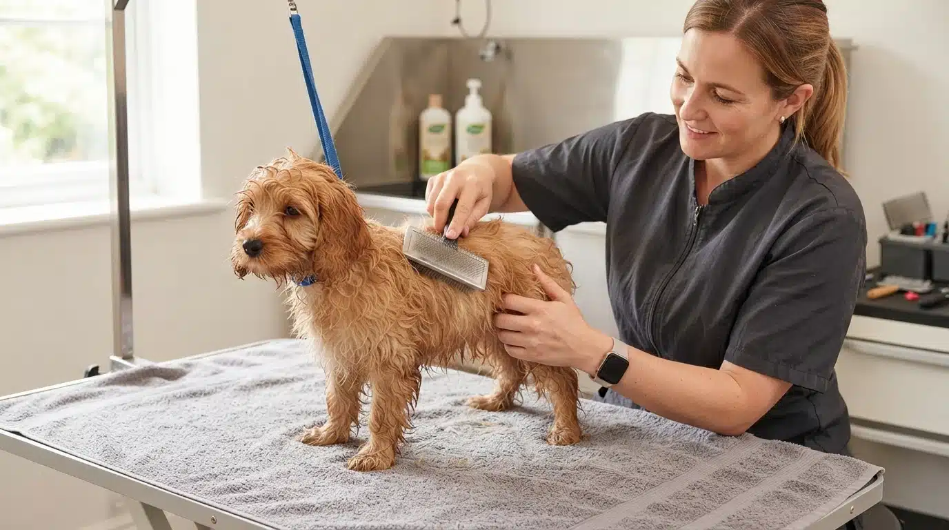 Owner brushing an apricot Cavapoo on a grooming table