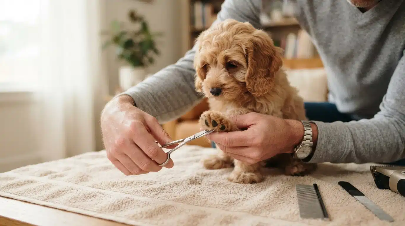 Owner trimming cavapoo puppy paw pads