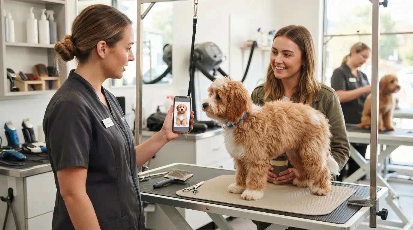 Groomer showing phone photo to client with fluffy cavapoo