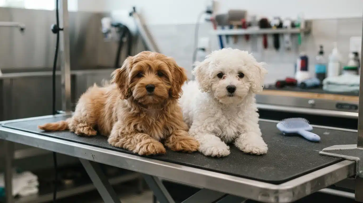 Two puppies with different coat textures on a groomer's table