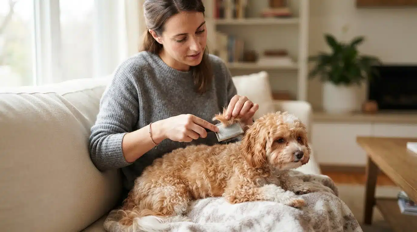 Owner line-brushing a curly Maltipoo on a couch