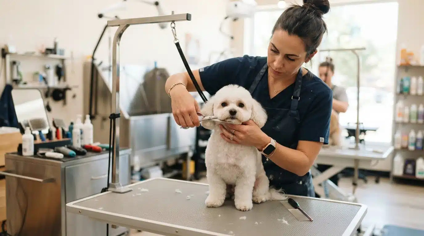 Groomer giving a small white Maltipoo a teddy bear trim