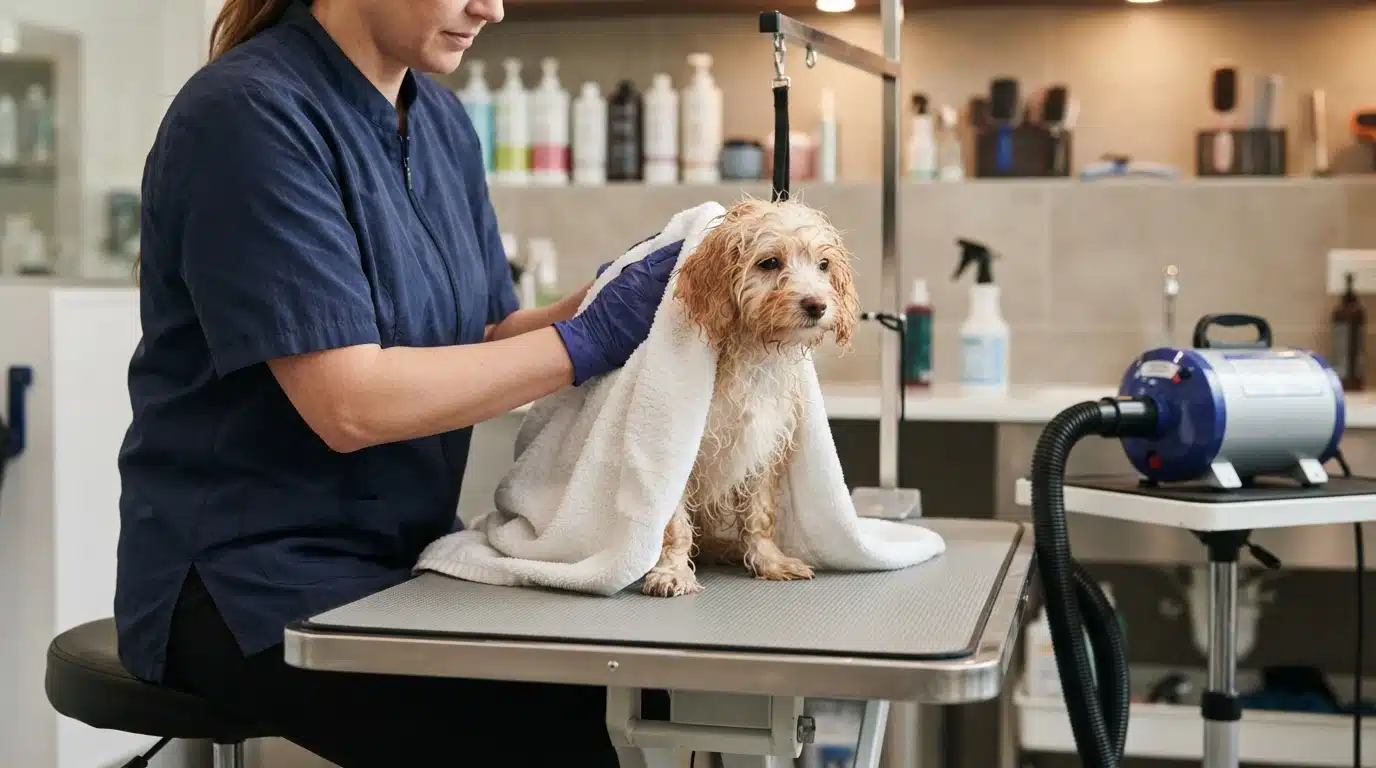 Doodle puppy towel-dried on grooming table