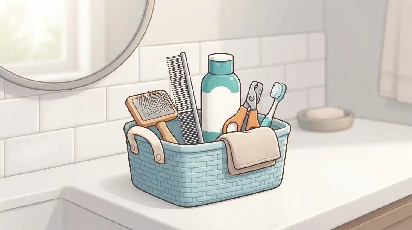 Puppy grooming tools arranged on a bathroom counter