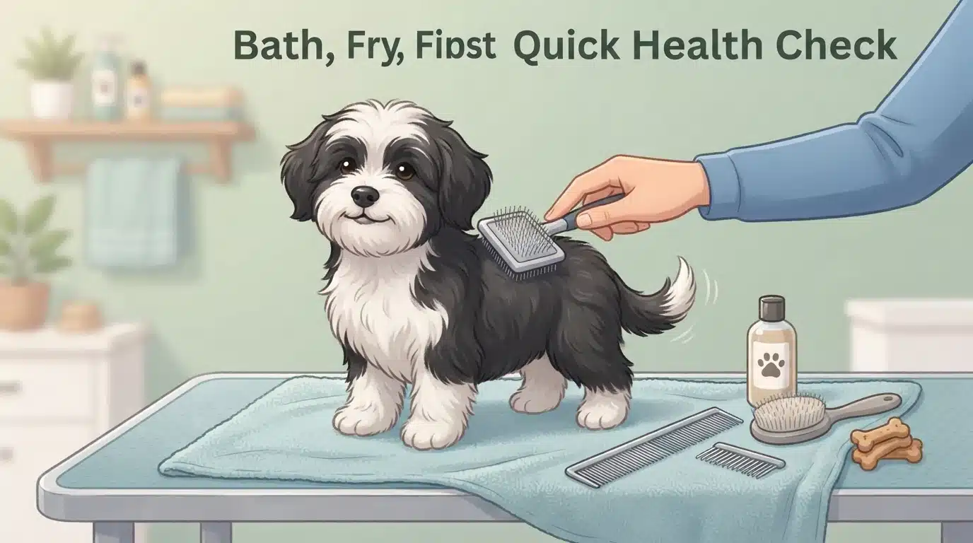 Puppy line-brushed on grooming table