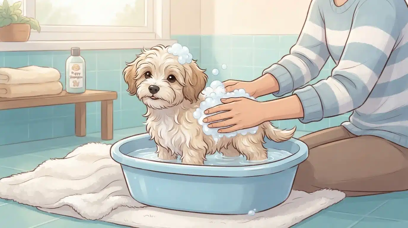 Fluffy Havanese puppy bathed in a small tub