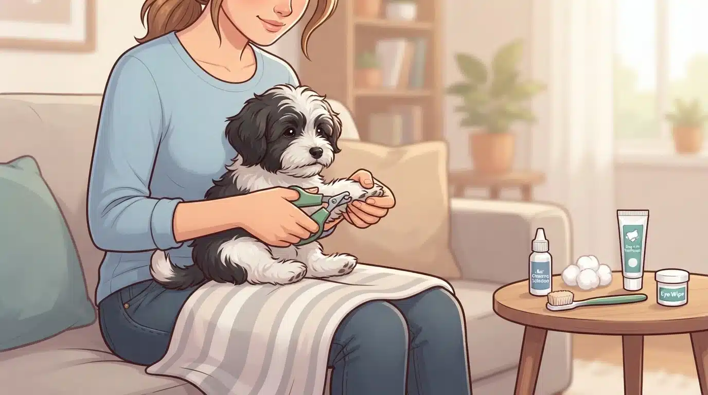 Owner clipping a Havanese puppy's nails on a lap towel