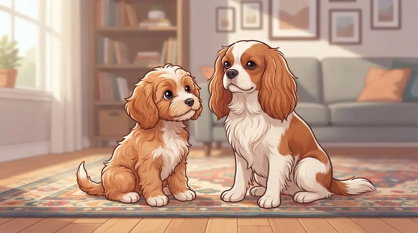 Soft-coated Cavapoo puppy beside a Cavalier King Charles Spaniel on a living room rug