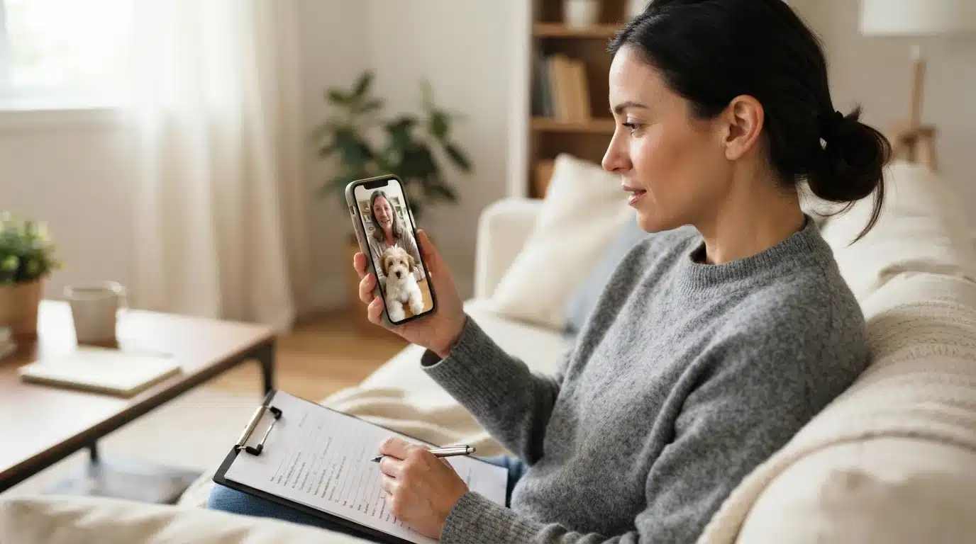 Woman on sofa video calling breeder with puppy