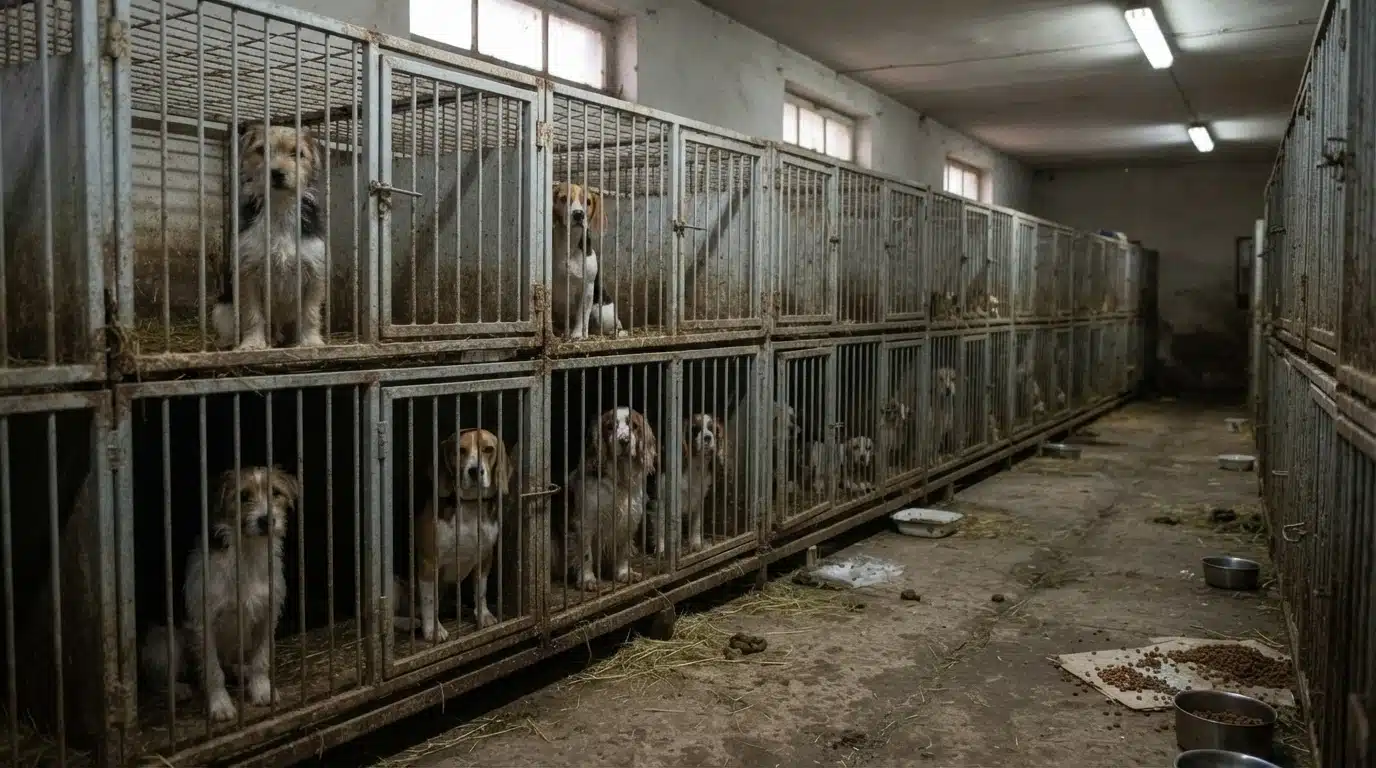 Crowded wire kennels in a dim barn