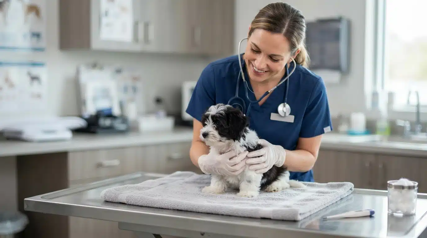 Veterinarian examining a small puppy on a clinic table