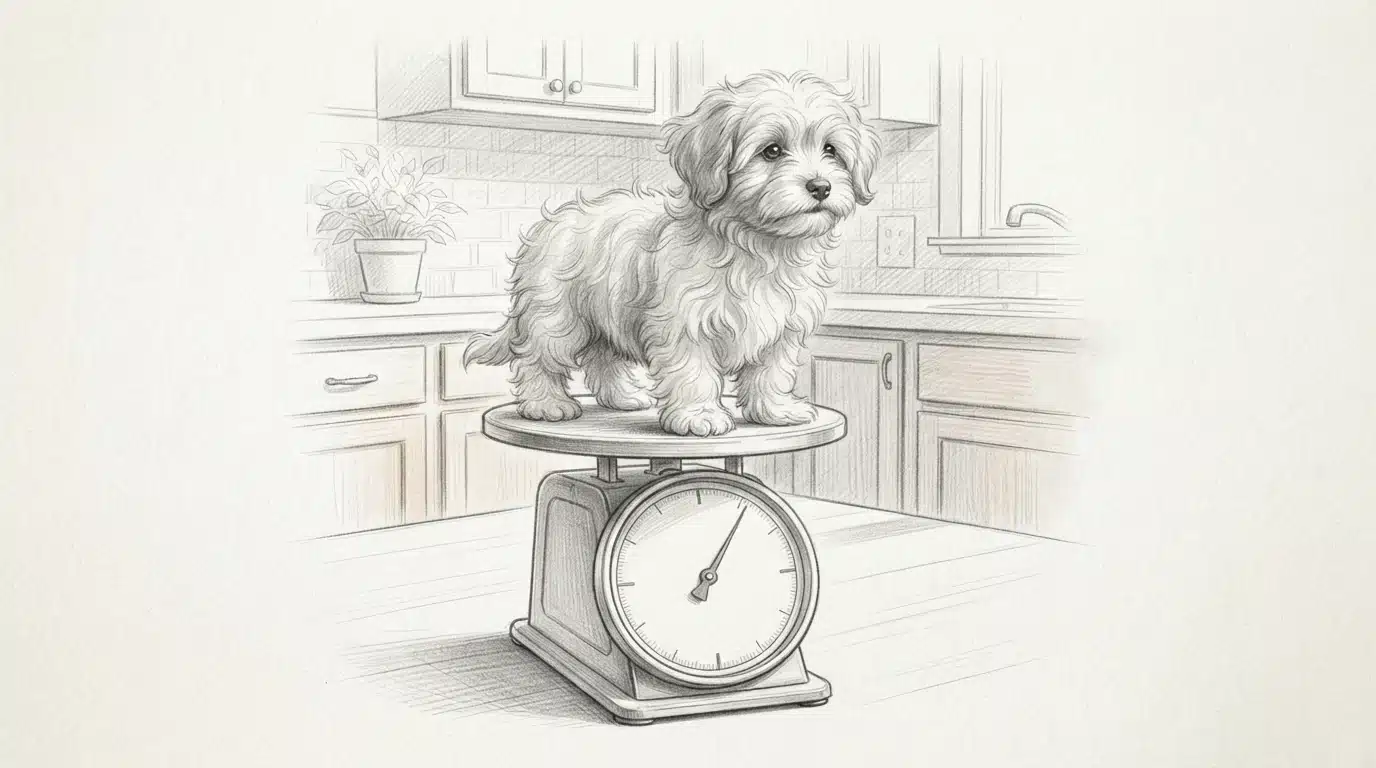 Fluffy Havanese puppy on bathroom scale