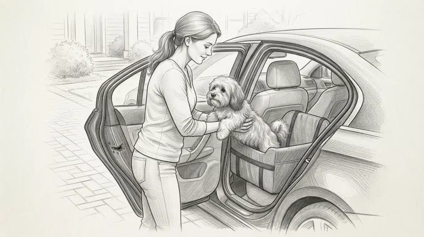 Parent lifting small fluffy dog into car seat