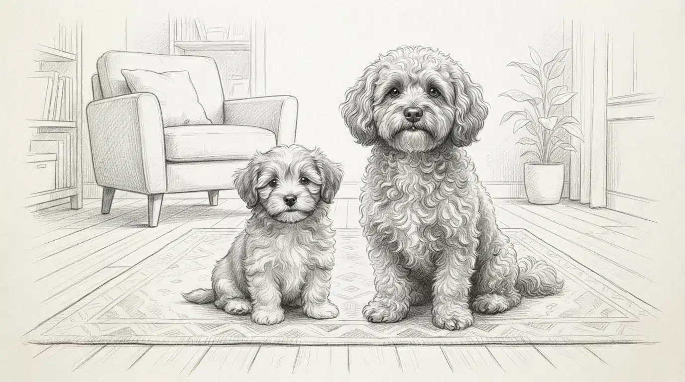 Havanese puppy beside its mother on rug