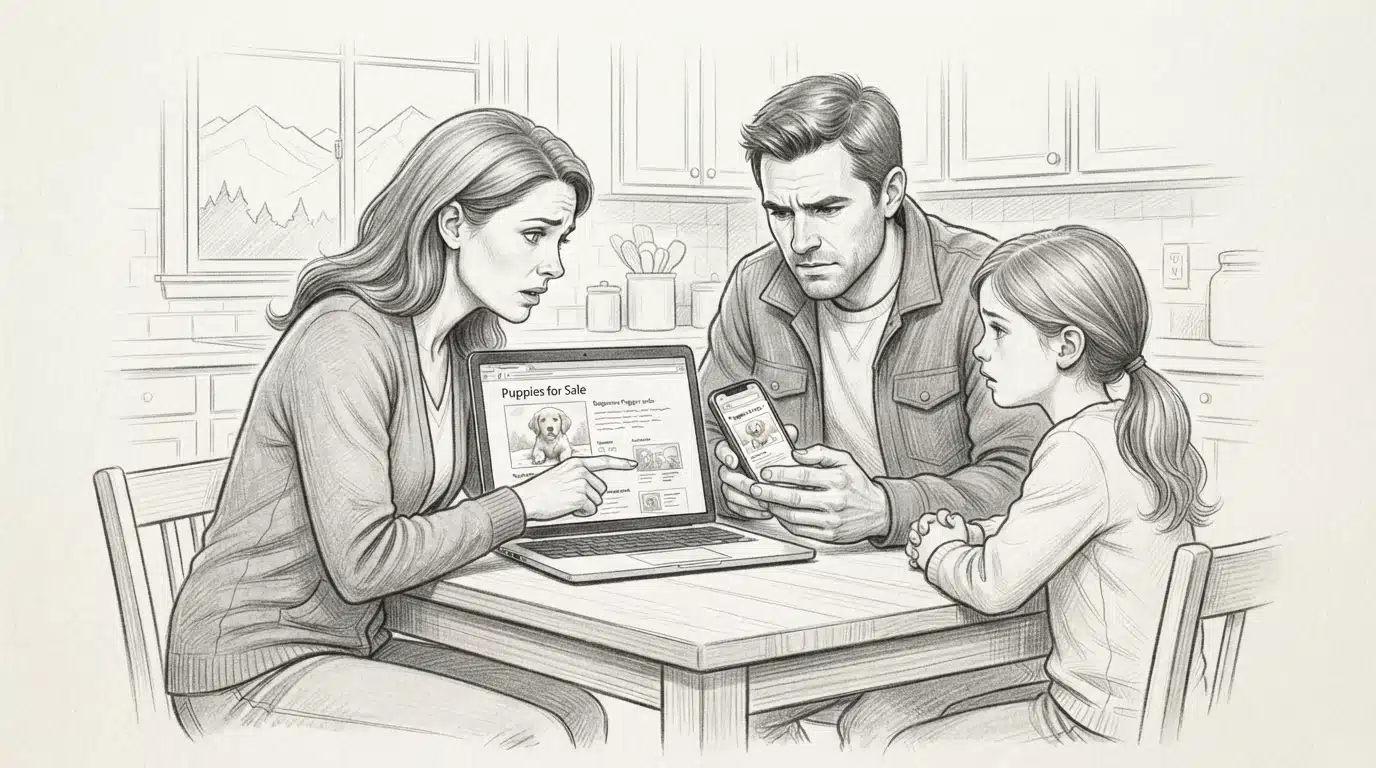 Family reviewing puppy listing on laptop and phone